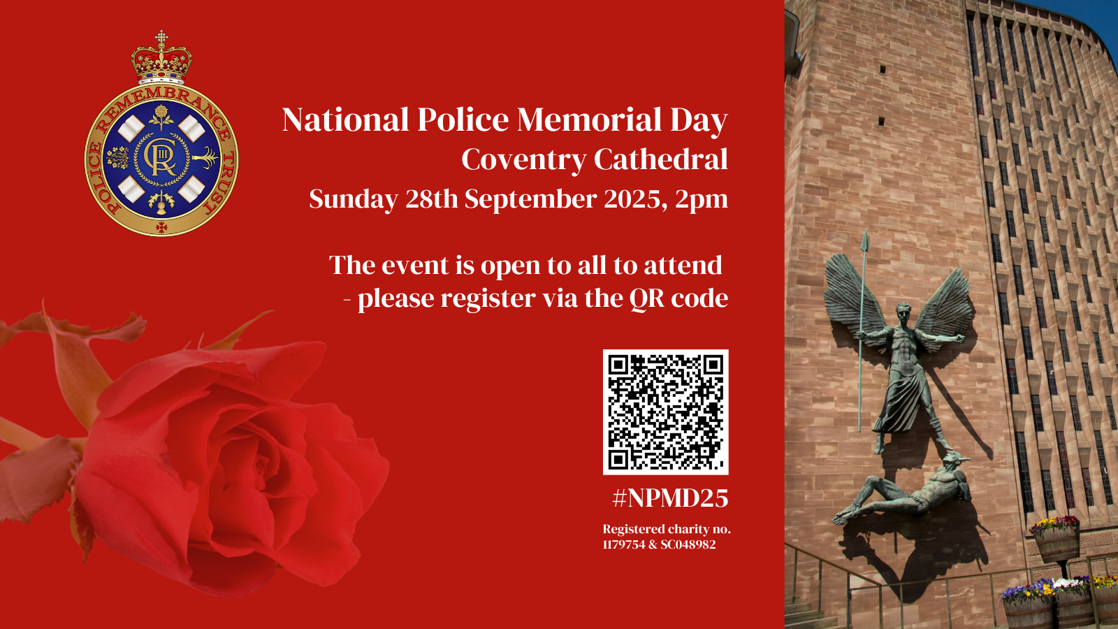 NPMD25 event graphic with photo of a rose and Coventry Cathedral